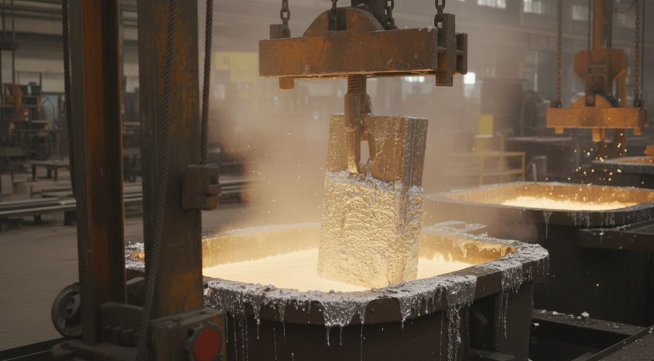 Steel part being lifted from a zinc electroplating bath in an industrial plating facility.