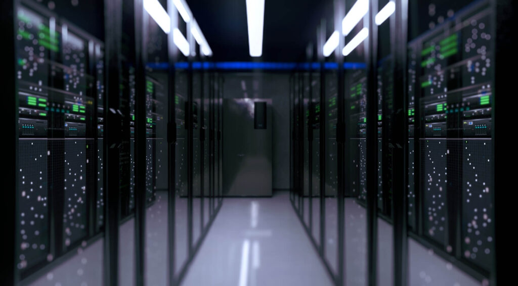 Rows of server racks inside a modern data center facility with active cooling systems