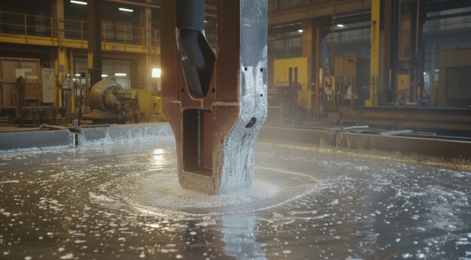 A steel component being submerged in zinc electroplating solution at an industrial facility.