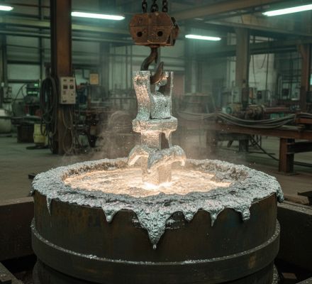A steel casting being extracted from a zinc electroplating tank in a manufacturing facility.
